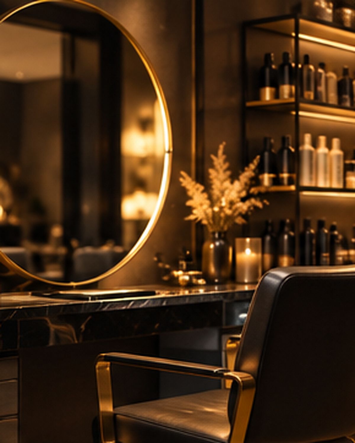 Intérieur du salon NIYA Coiffure : miroir doré et fauteuil en cuir noir